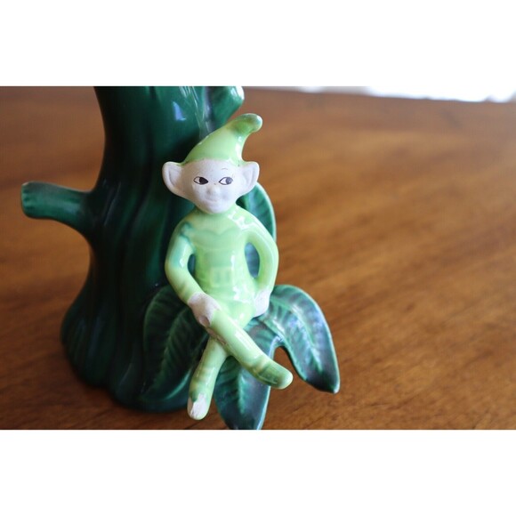 BROKEN Treasure Craft Vase Green Pixie Elf Sprite on Tree Vintage 1960s 5.7" - Picture 9 of 14